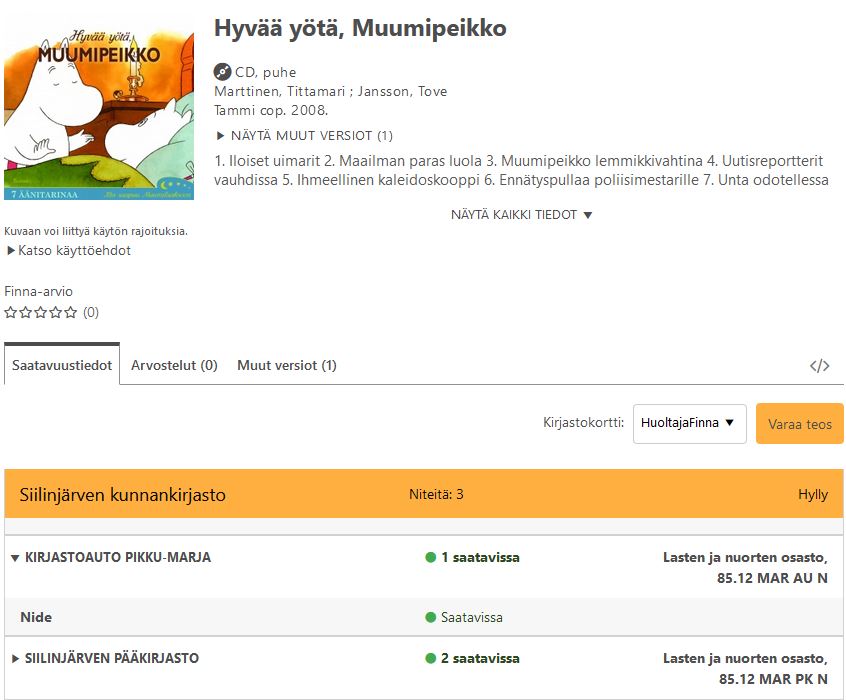 Hyvää yötä Muumipeikko -CD-äänikirjan tiedot Finnassa